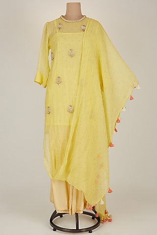 Yellow Hand Embroidered Kurta Set by Kunza