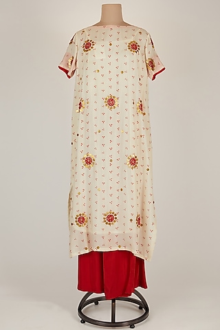 Cream Hand Embroidered Kurta Set by Kunza