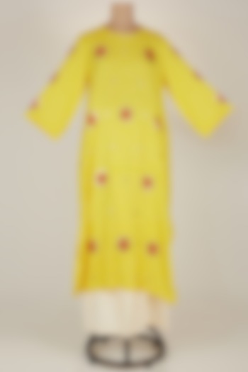 Yellow Printed & Embroidered Kurta With Pants by Kunza at Pernia's Pop Up Shop