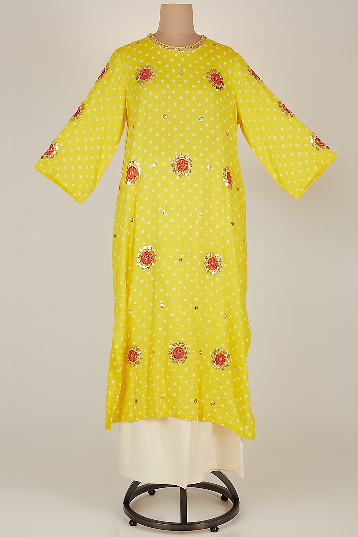 Yellow Printed & Embroidered Kurta With Pants by Kunza at Pernia's Pop Up Shop