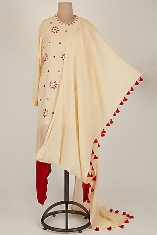 Cream Hand Embroidered Saree Style Kurta Set by Kunza
