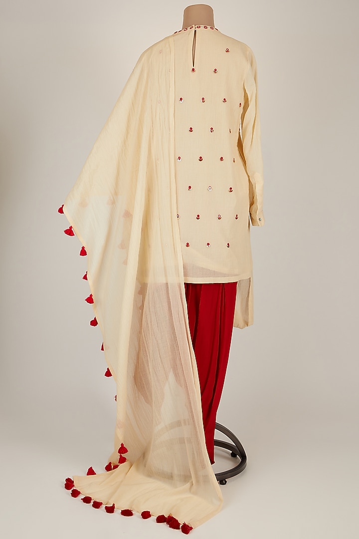Cream Hand Embroidered Saree Style Kurta Set by Kunza at Pernia's Pop Up Shop