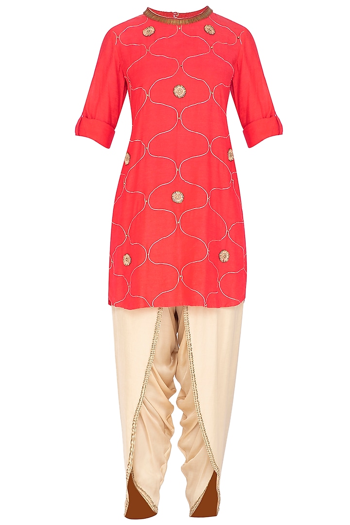 Coral Pink Embroidered Kurta With Dhoti Pants by Kunza