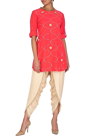 Coral Pink Embroidered Kurta With Dhoti Pants by Kunza