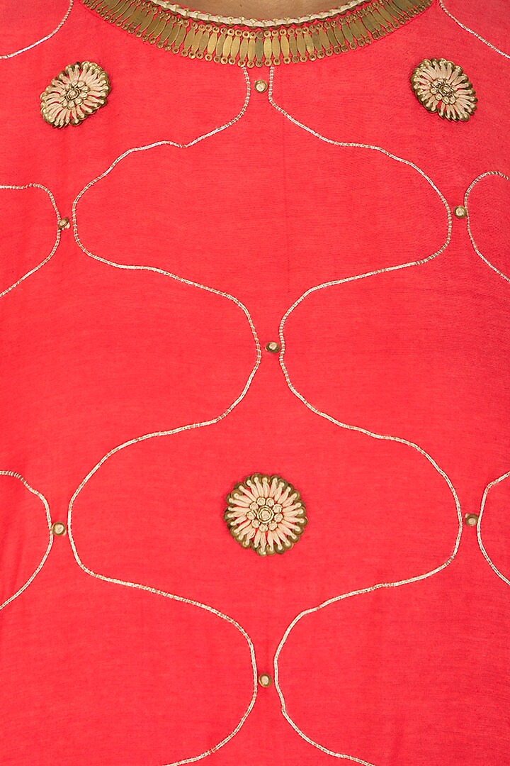 Coral Pink Embroidered Kurta With Dhoti Pants by Kunza at Pernia's Pop Up Shop