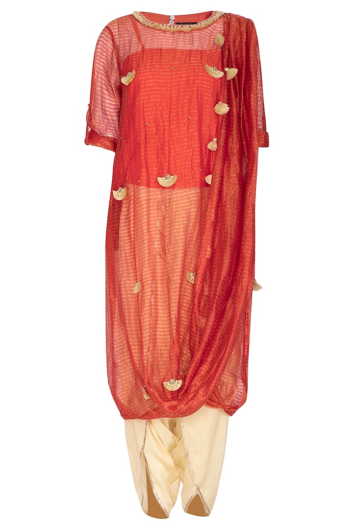 Coral Pink Embroidered Saree Kurta With Dhoti Pants by Kunza