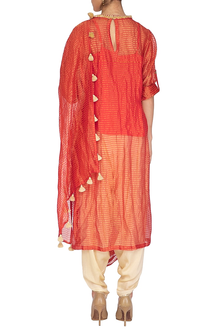 Coral Pink Embroidered Saree Kurta With Dhoti Pants by Kunza at Pernia's Pop Up Shop