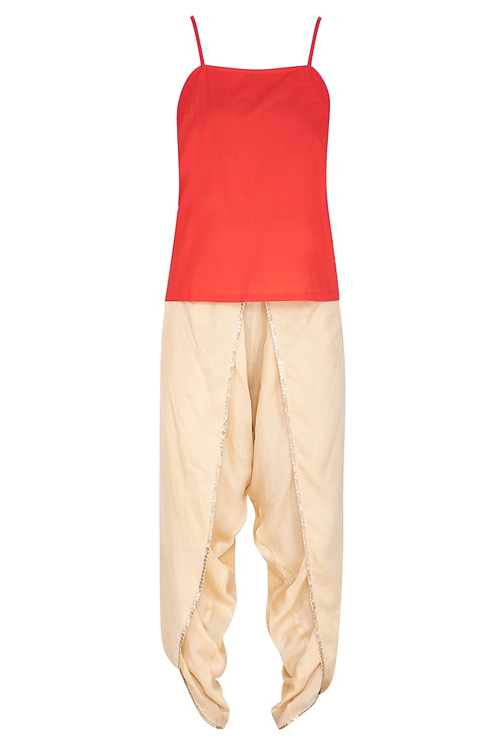 Coral Pink Embroidered Saree Kurta With Dhoti Pants by Kunza at Pernia's Pop Up Shop