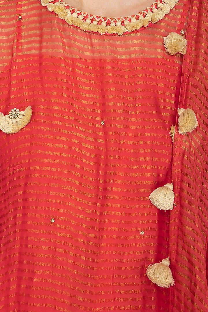 Coral Pink Embroidered Saree Kurta With Dhoti Pants by Kunza at Pernia's Pop Up Shop