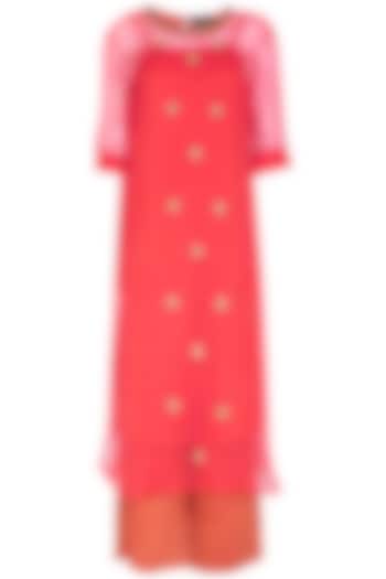 Coral Pink Embroidered Kurta With Palazzo Pants by Kunza