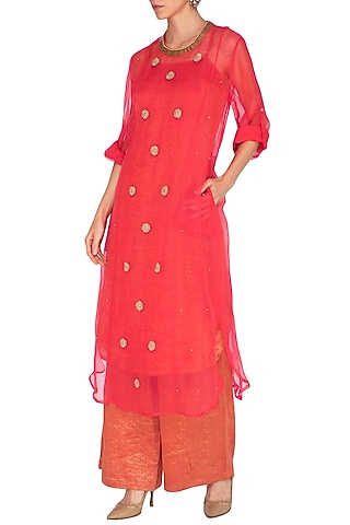 Coral Pink Embroidered Kurta With Palazzo Pants by Kunza