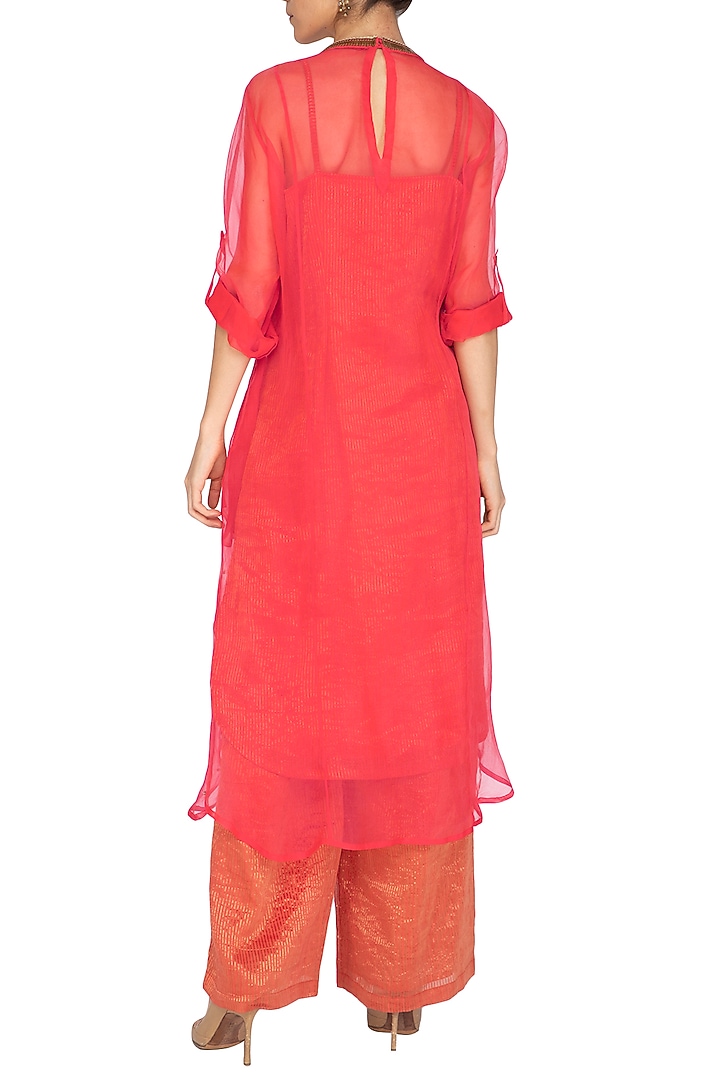 Coral Pink Embroidered Kurta With Palazzo Pants by Kunza at Pernia's Pop Up Shop