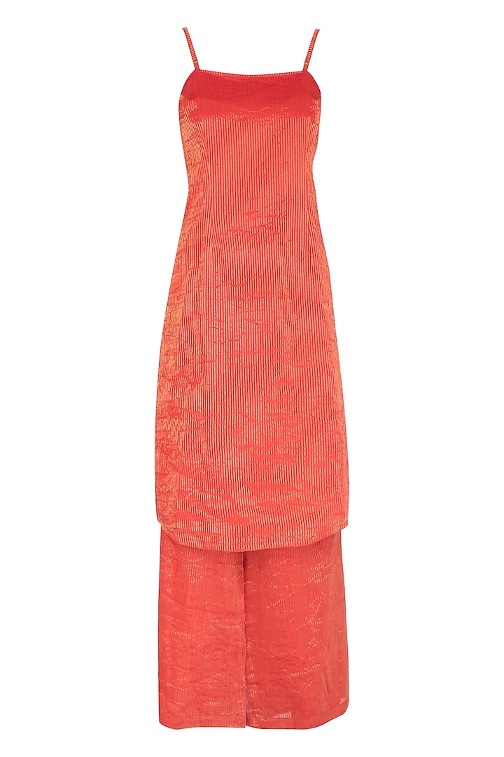 Coral Pink Embroidered Kurta With Palazzo Pants by Kunza at Pernia's Pop Up Shop