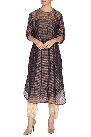 Charcoal Embroidered Kurta With Dhoti Pants by Kunza