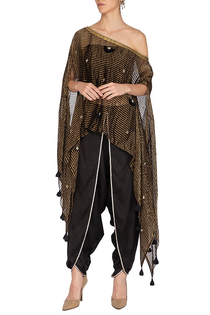 Black Embroidered Cape With Bustier & Dhoti Pants by Kunza at Pernia's Pop Up Shop