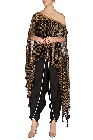 Black Embroidered Cape With Bustier & Dhoti Pants by Kunza