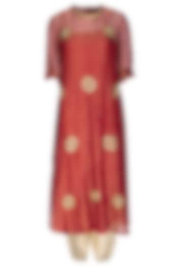 Pink Embroidered Long Kurta With Golden Dhoti Pants by Kunza