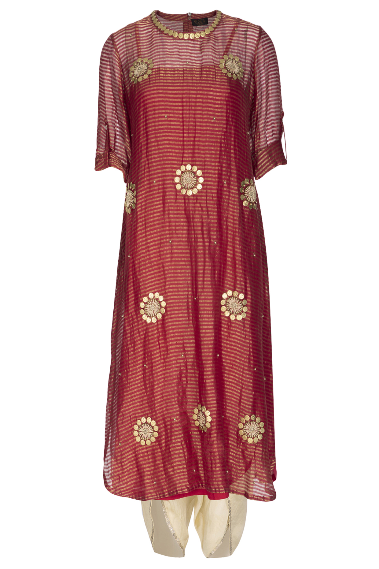 Pink Embroidered Long Kurta With Golden Dhoti Pants by Kunza