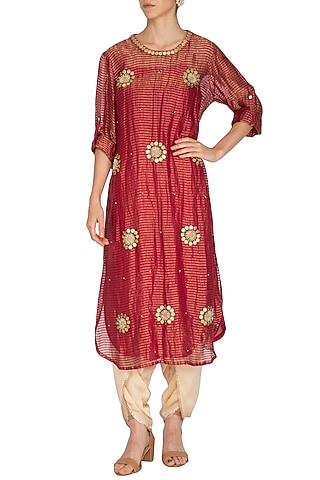 Pink Embroidered Long Kurta With Golden Dhoti Pants by Kunza