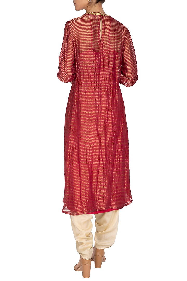 Pink Embroidered Long Kurta With Golden Dhoti Pants by Kunza at Pernia's Pop Up Shop