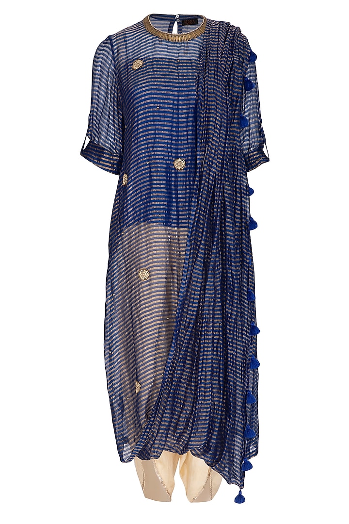 Blue Embroidered Saree Kurta With Gold Dhoti Pants by Kunza