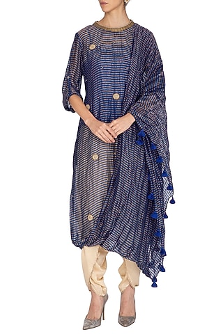Blue Embroidered Saree Kurta With Gold Dhoti Pants by Kunza