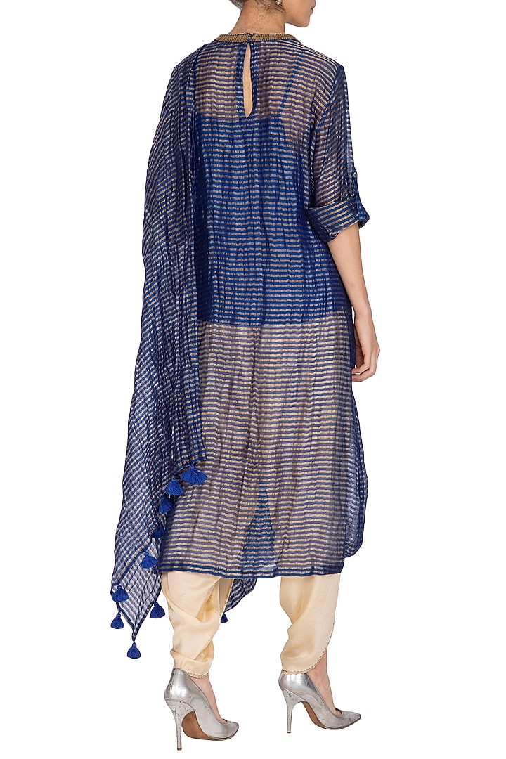 Blue Embroidered Saree Kurta With Gold Dhoti Pants by Kunza at Pernia's Pop Up Shop