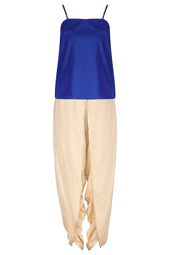 Blue Embroidered Saree Kurta With Gold Dhoti Pants by Kunza at Pernia's Pop Up Shop