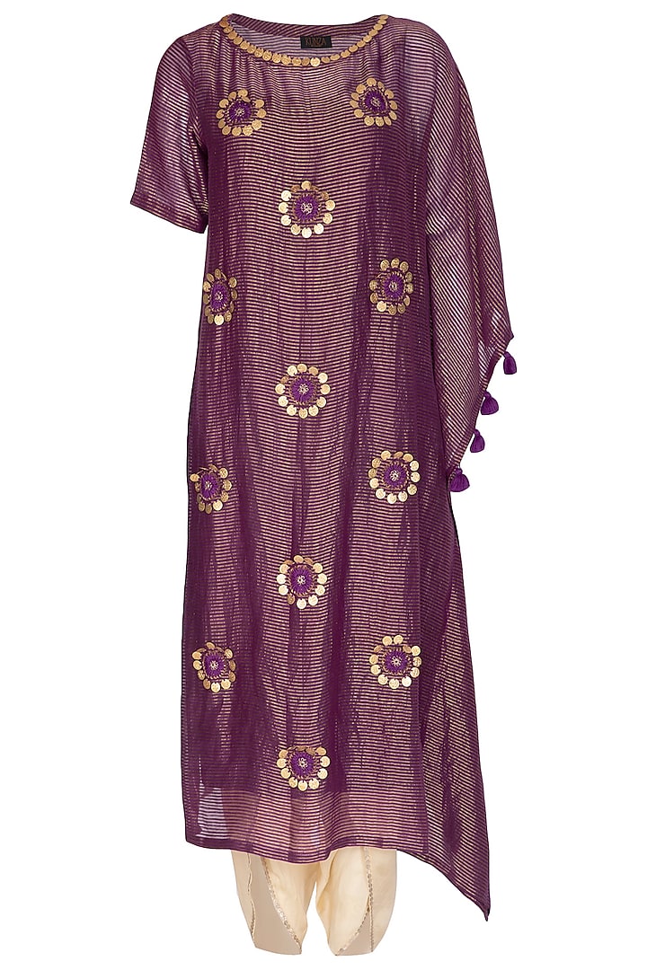 Purple Embroidered Kaftan With Golden Dhoti Pants by Kunza