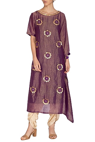 Purple Embroidered Kaftan With Golden Dhoti Pants by Kunza