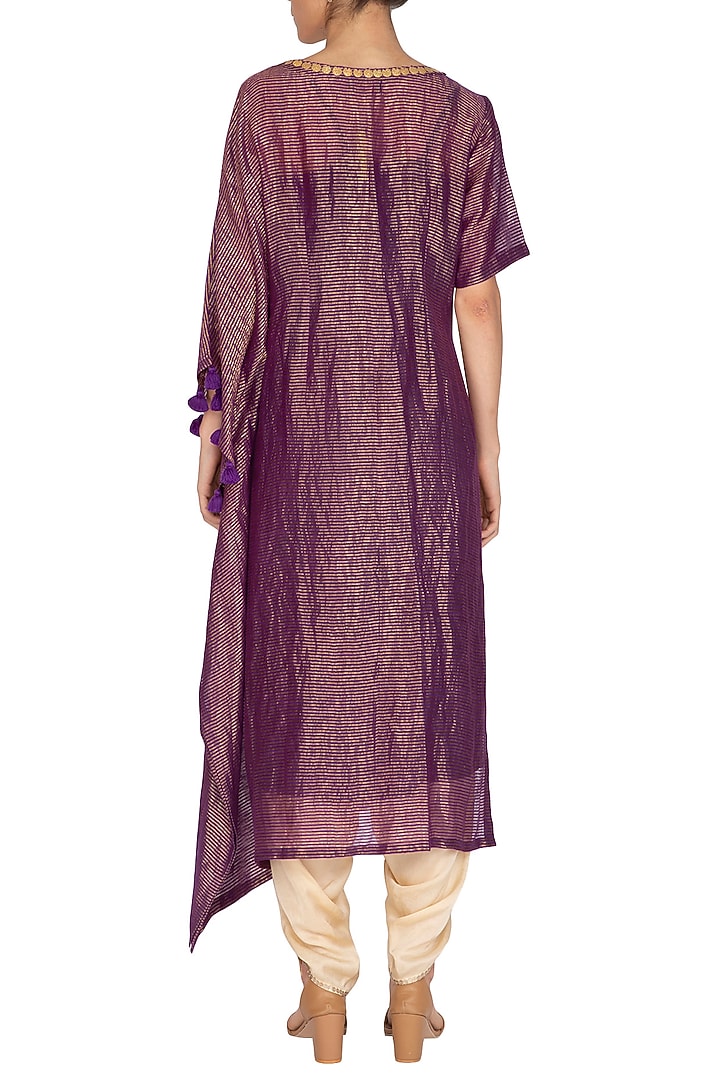Purple Embroidered Kaftan With Golden Dhoti Pants by Kunza at Pernia's Pop Up Shop