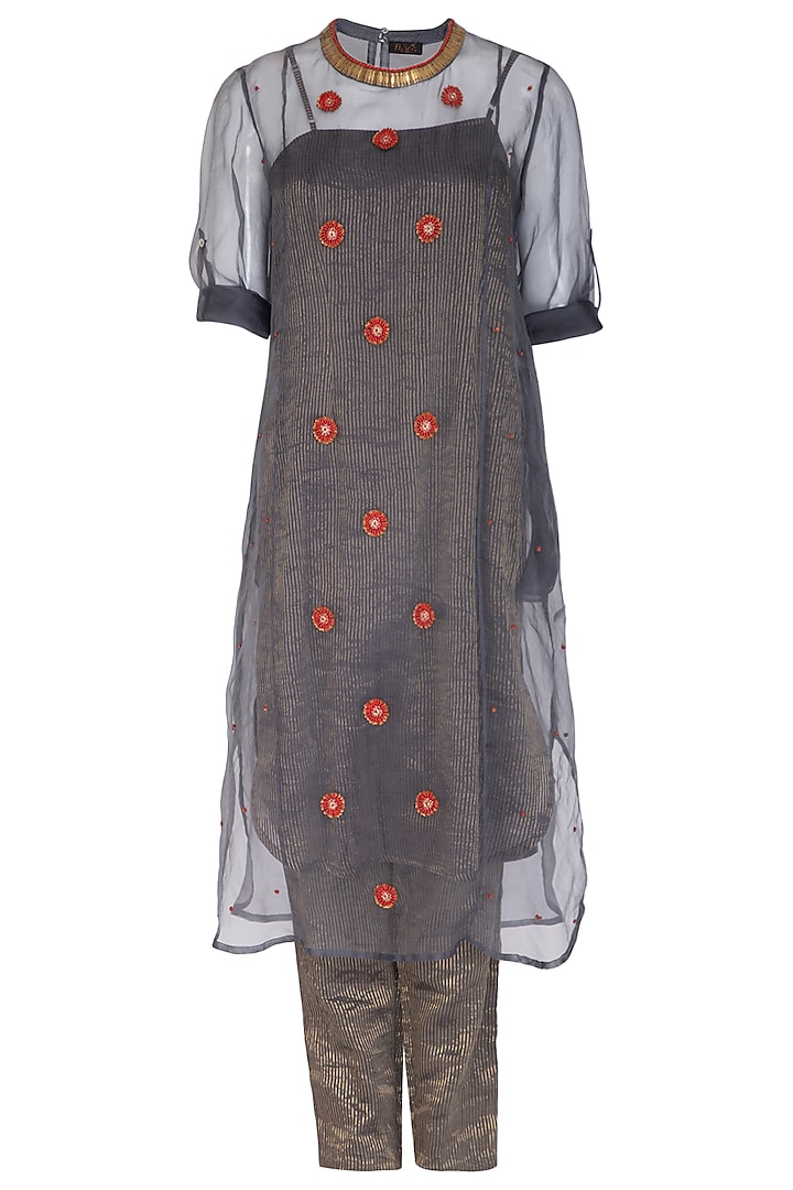 Charcoal Embroidered Kurta With Cigarette Pants by Kunza
