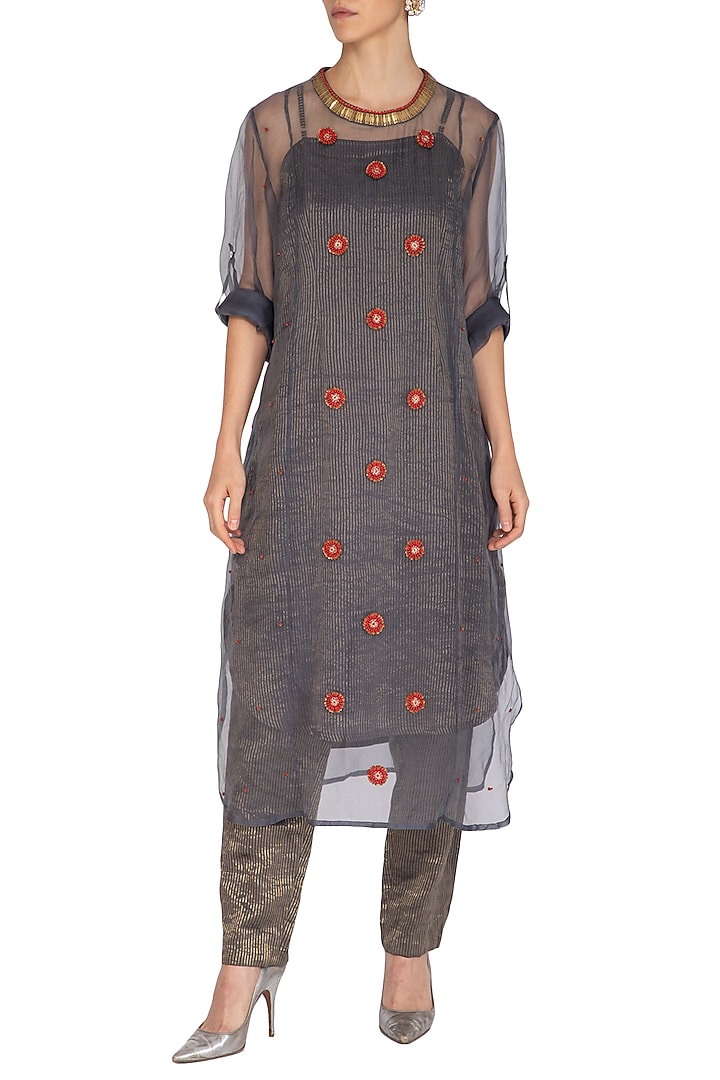 Charcoal Embroidered Kurta With Cigarette Pants by Kunza at Pernia's Pop Up Shop