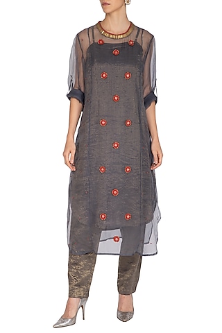 Charcoal Embroidered Kurta With Cigarette Pants by Kunza