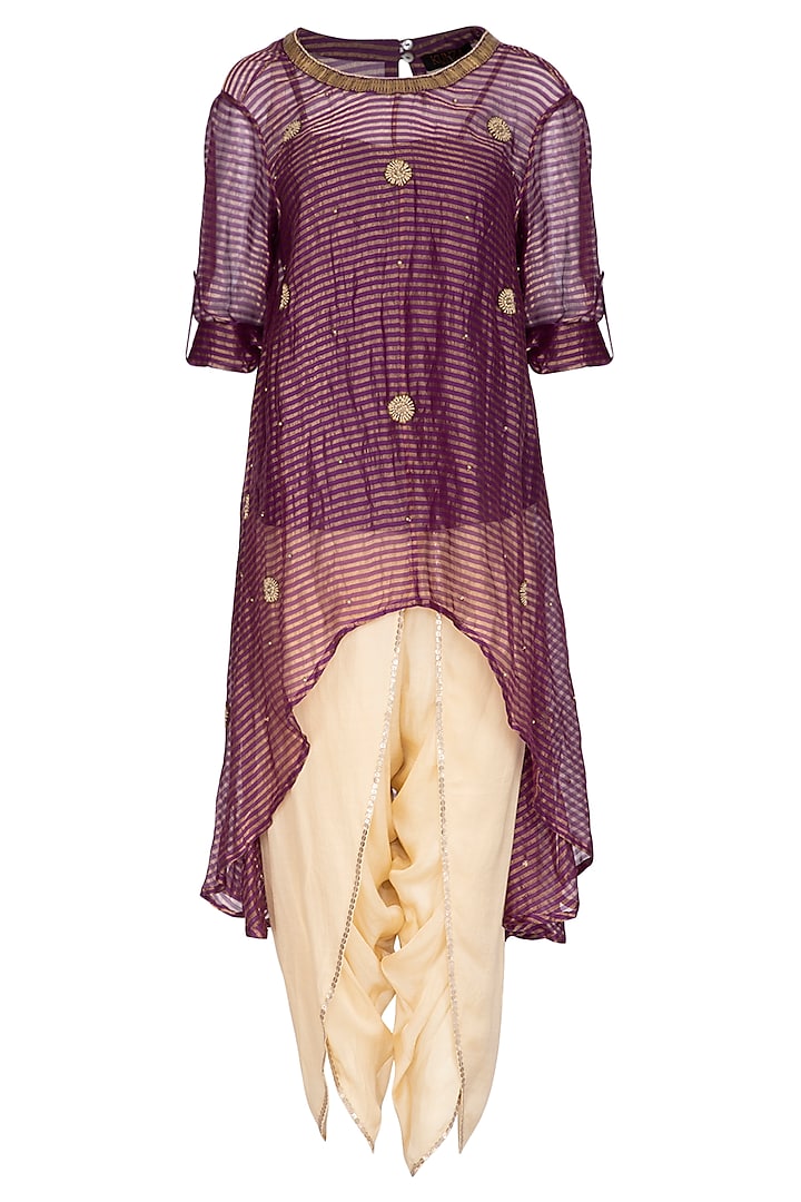 Purple Embroidered Asymmetric Tunic With Gold Dhoti Pants by Kunza at Pernia's Pop Up Shop