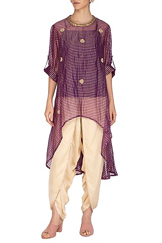 Purple Embroidered Asymmetric Tunic With Gold Dhoti Pants by Kunza