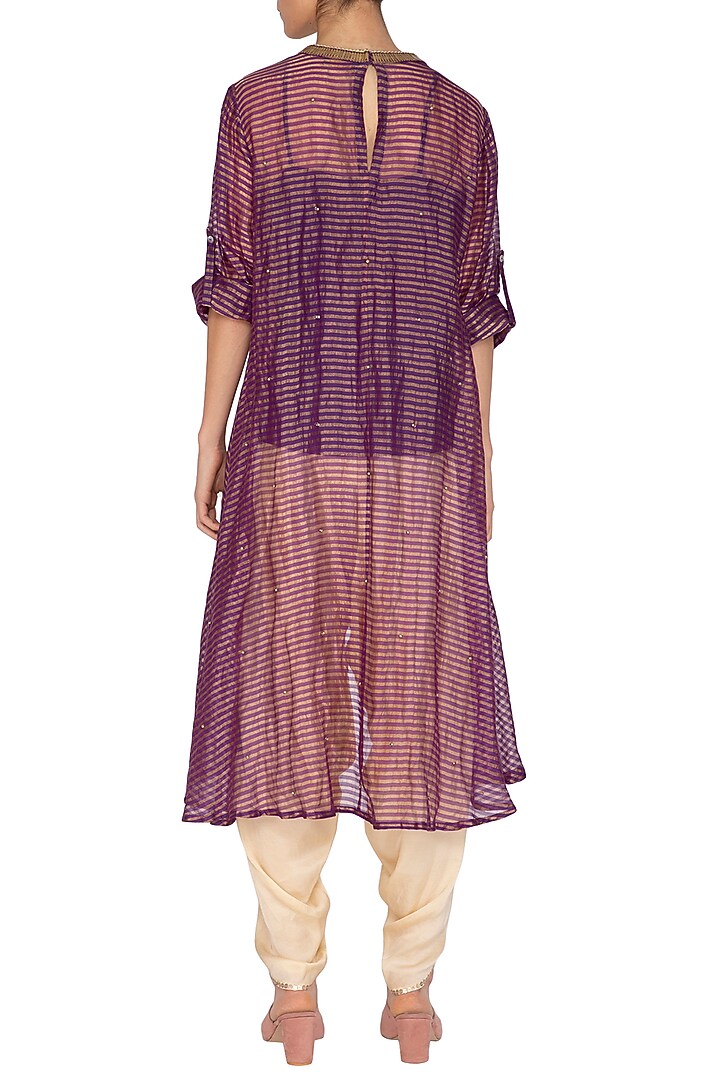 Purple Embroidered Asymmetric Tunic With Gold Dhoti Pants by Kunza at Pernia's Pop Up Shop