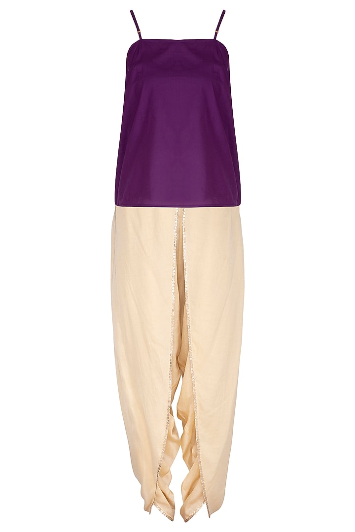 Purple Embroidered Asymmetric Tunic With Gold Dhoti Pants by Kunza at Pernia's Pop Up Shop