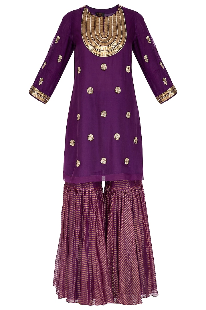 Purple Embroidered Gharara Set by Kunza