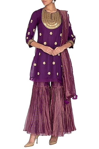 Purple Embroidered Gharara Set by Kunza