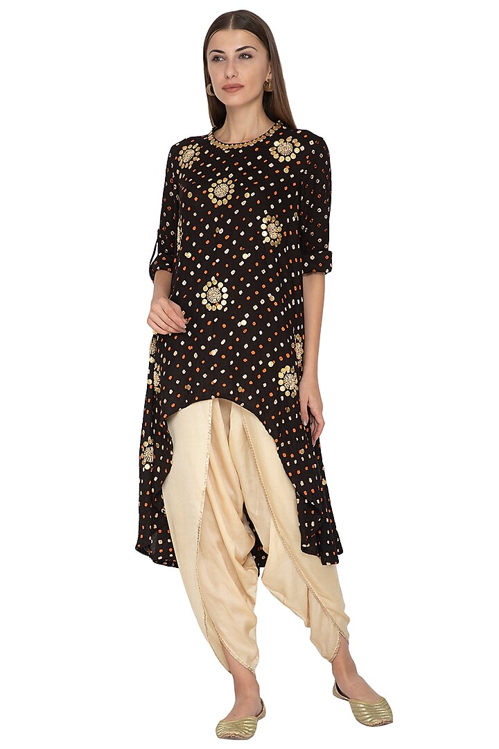 Black Embroidered Asymmetric Tunic With Gold Dhoti Pants by Kunza