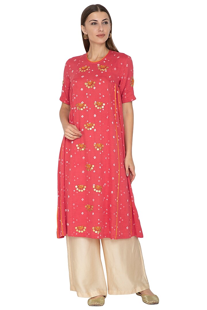 Pink Embroidered Long Kurta With Beige Gold Pants by Kunza