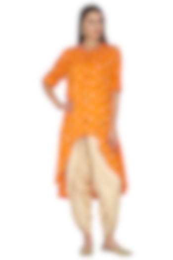 Mango Yellow Embroidered Asymmetric Tunic With Gold Dhoti Pants by Kunza