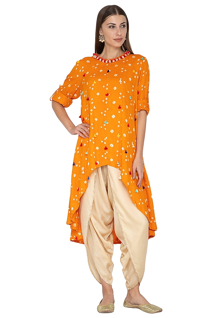 Mango Yellow Embroidered Asymmetric Tunic With Gold Dhoti Pants by Kunza