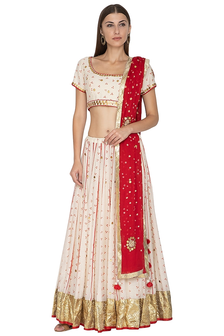 Ivory & Red Embroidered Printed Lehenga Set by Kunza