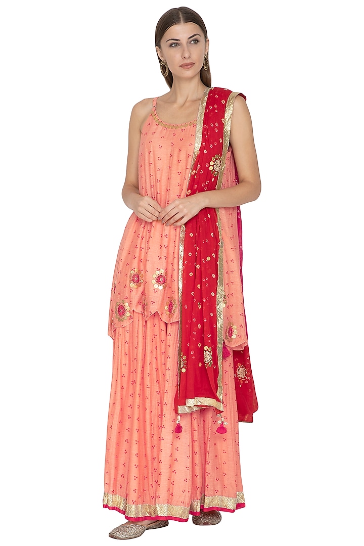 Coral & Red Embroidered Printed Kurta Set by Kunza