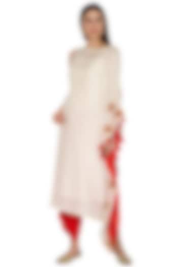 Ivory Embroidered Kurta With Red Dhoti Pants by Kunza