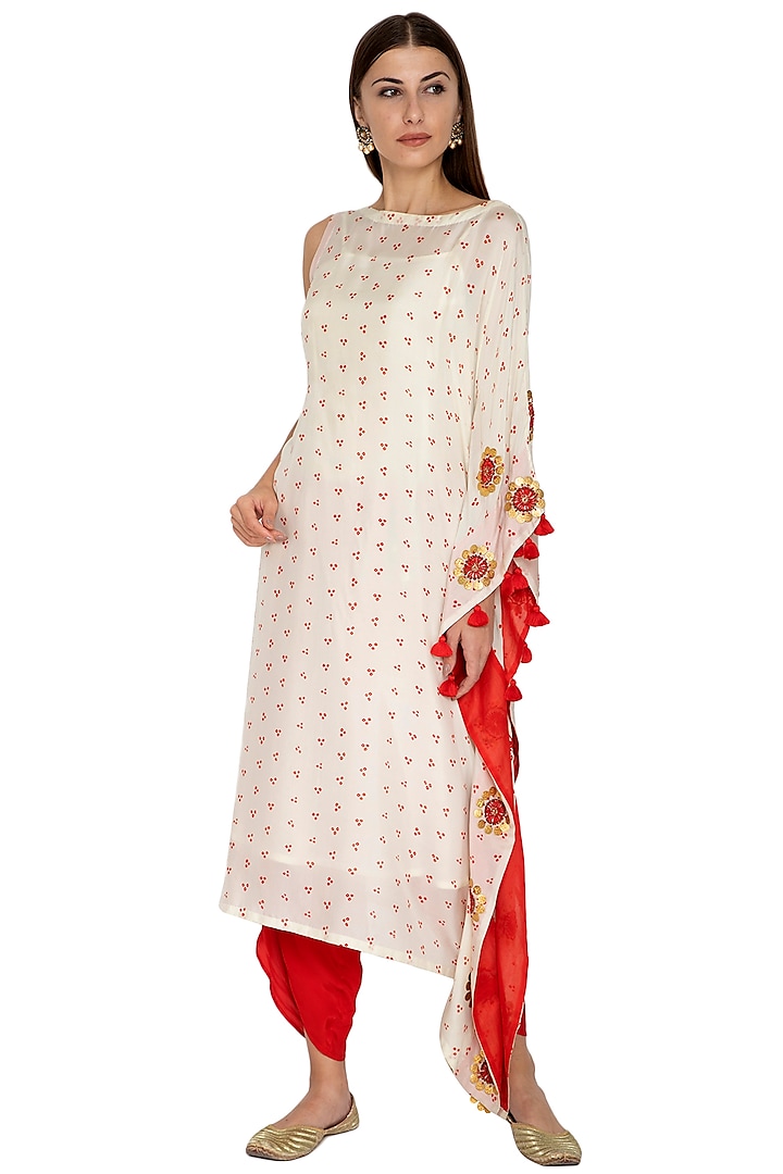 Ivory Embroidered Kurta With Red Dhoti Pants by Kunza