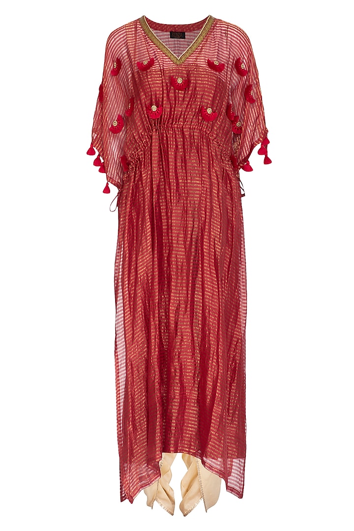Pink Embroidered Kaftan With Golden Dhoti Pants by Kunza at Pernia's Pop Up Shop