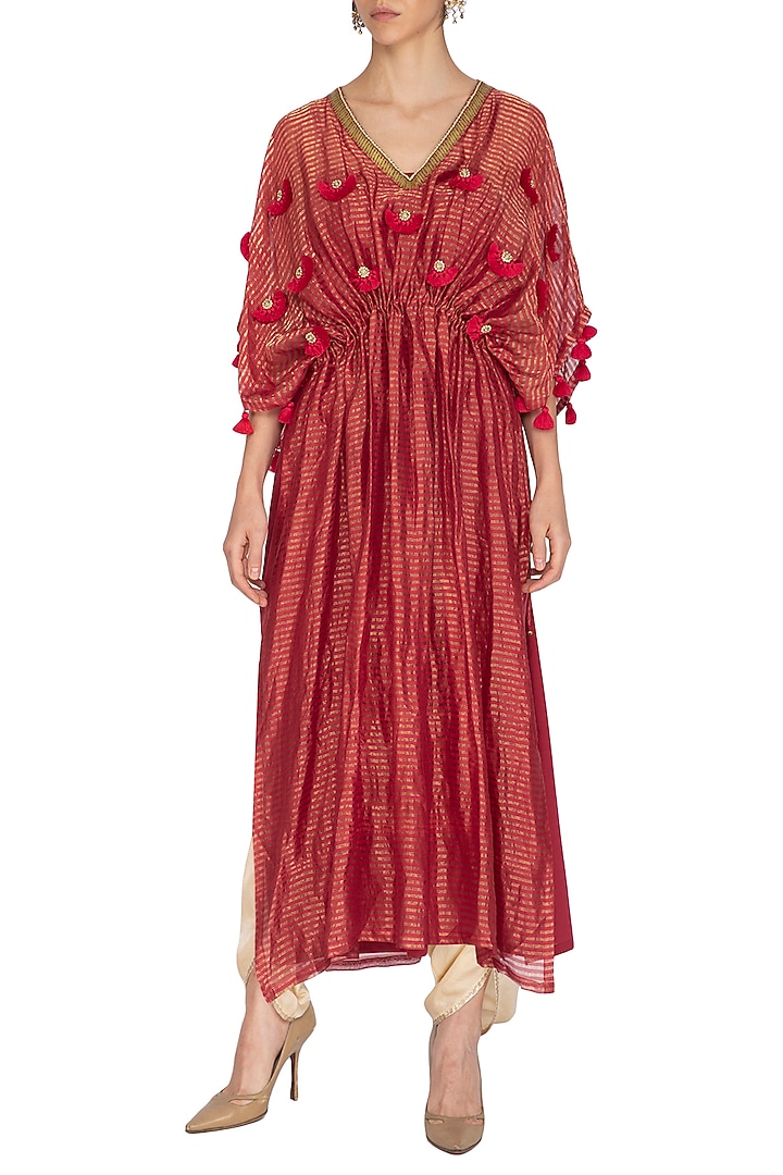 Pink Embroidered Kaftan With Golden Dhoti Pants by Kunza at Pernia's Pop Up Shop